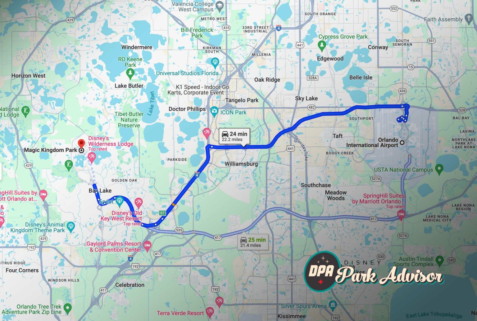 Orlando Airport (MCO) to DIsney World Transit Time Map Overview