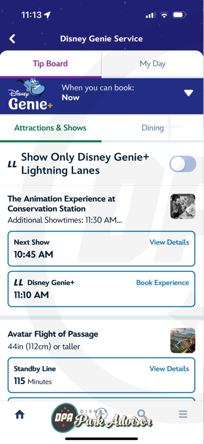 Real-world screenshot of Disney's Genie+ Service in use